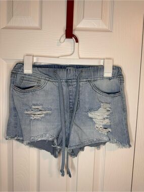 GOGO Light Blue Distressed Denim Drawstring Shorts